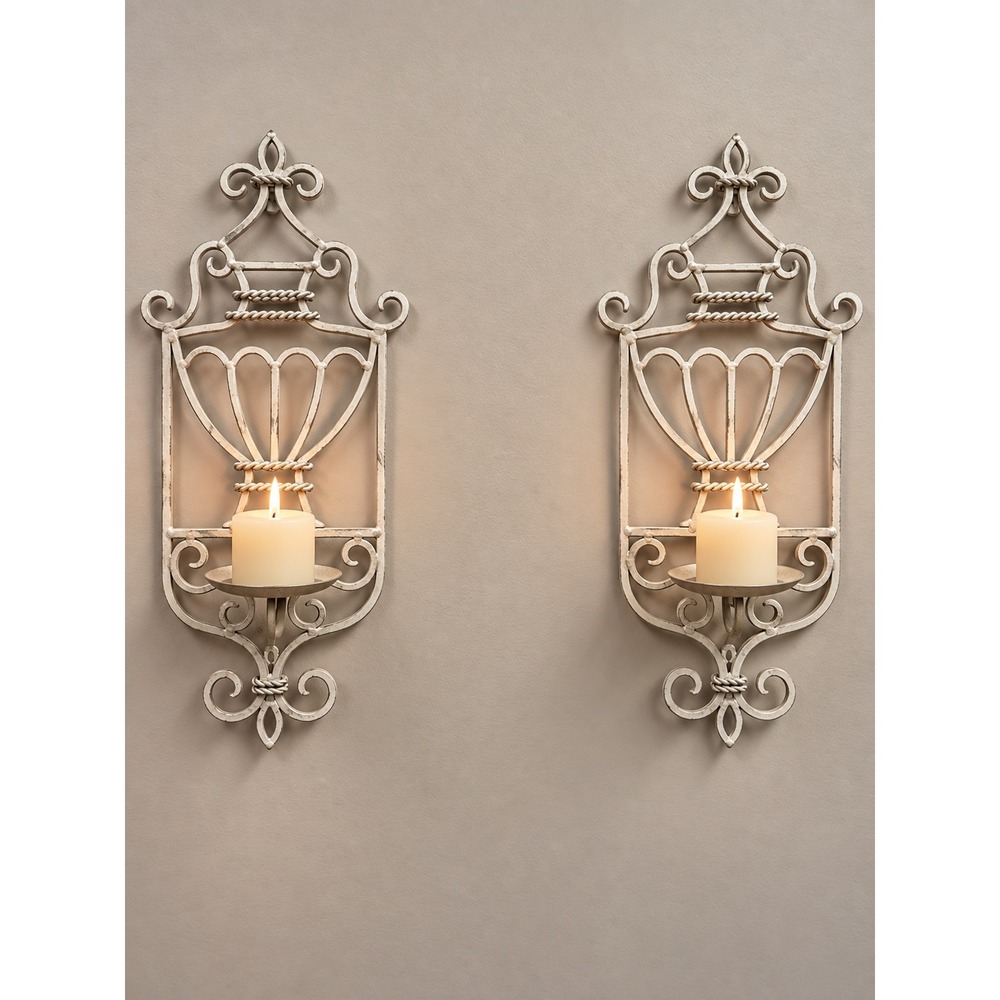 Vintage Pair 18" Fleur de Lis Metal Wall Candle Sconces French Country Decor